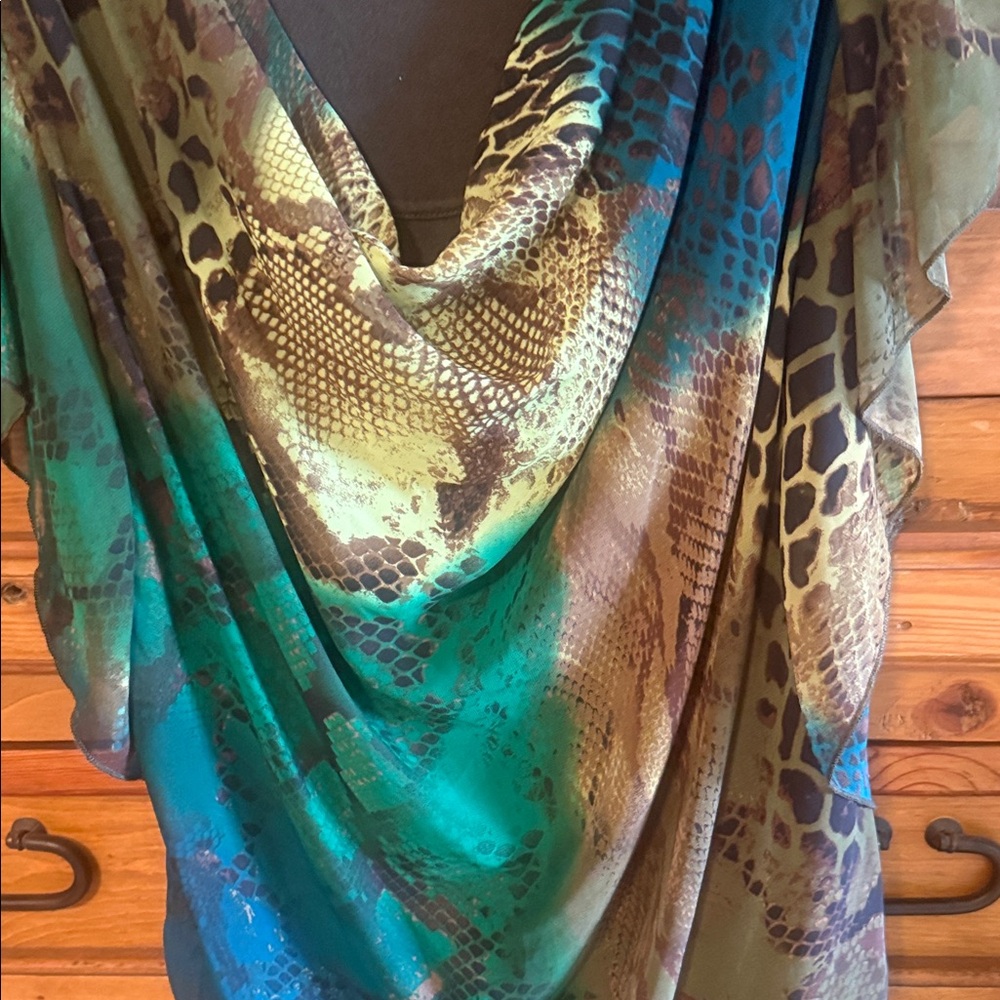 ONE WORLD Green and Blue Animal Print Blouse - Picture 3 of 4